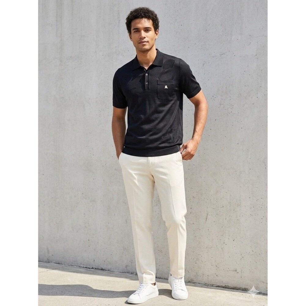 Vintage MONTAGUT PARIS Fil Lumière Knit Polo Shirt Black Flower Logo Sport M
